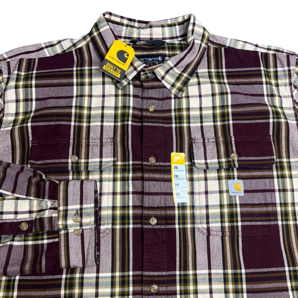 Carhartt Mens Loose Fit Plaid Flannel Shirt Burgundy TW4451-M 2XL NWT